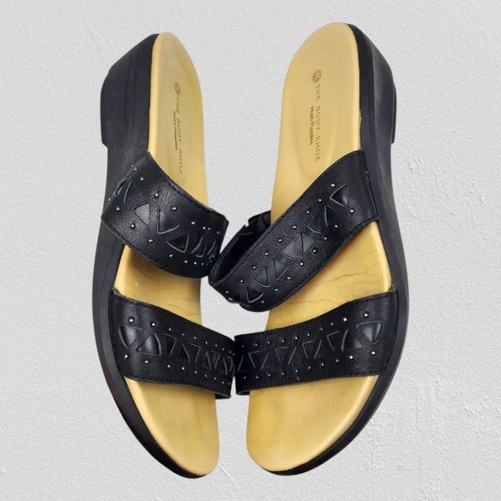 Hush Puppies Womens Lyricale 2 Band Black Leather Laser Cut Wedge Sandals Size 7